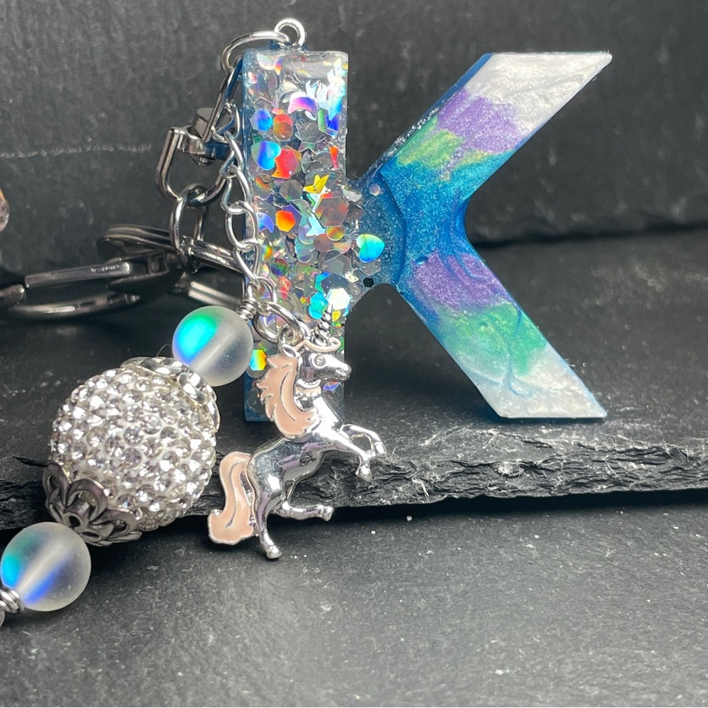 Custom Made Colorful Unicorn Keychain with Glitter Letter K